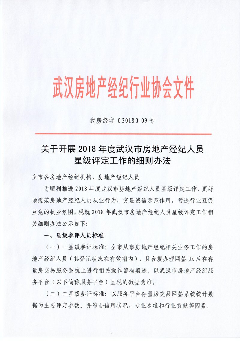 关于开展2018年度武汉市房地产经纪人员星级评定工作的细则办法01
